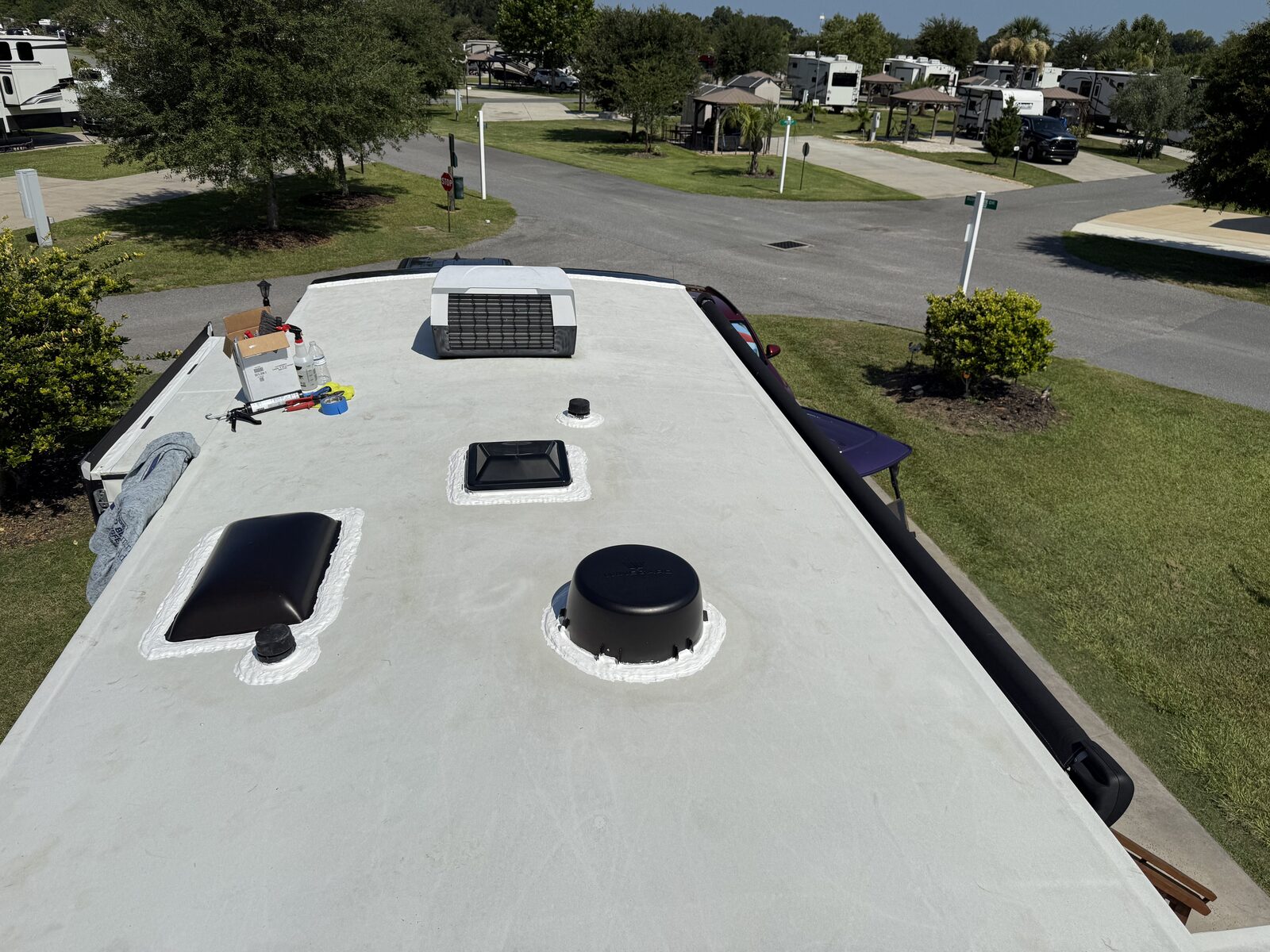 RV roof at a Florida campground after vent and seam resealing