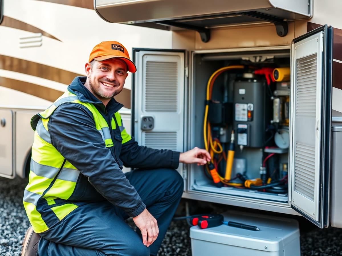 NRVTA certified technician servicing RV systems at a customer's site